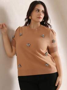 Anewsta Plus Size Fashionable & Elegant Bejeweled Bee Decorated Women Sweater Tee Top, Spring/Summer - Khaki - View 7