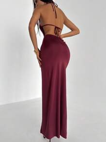 Aloruh Women's Solid Color Ruched Side Slit Backless Dress Summer Summer Outfits Summer Clothes Beach Outfits For Woman  Beach Vacation Vacation Outfits Woman Boho  Tropical Vacation Woman Clothe