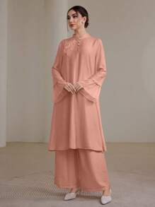 Graceveil 2pcs/Set Women Elegant Stand Collar Ruffle Cuff Long Sleeve Set Modest Fall Cloth For Women - Pink - View 8