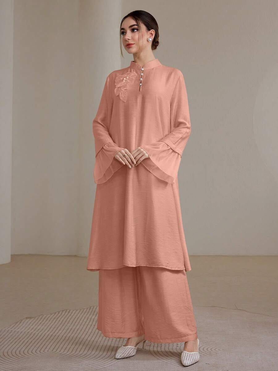 Graceveil 2pcs/Set Women Elegant Stand Collar Ruffle Cuff Long Sleeve Set Modest Fall Cloth For Women - Pink - View 1