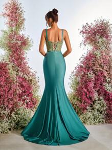 Glamrae 优雅奢华水钻装饰亮片拼接弹性针织面料褶饰美人鱼长裙，适合婚礼、派对、夜总会、度假胜地、派对礼服、婚礼宾客礼服、正式礼服、晚礼服、长袍 - 軍綠色 - 查看 3