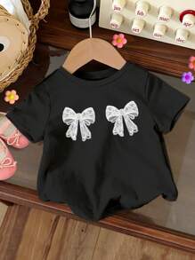SHEIN Young Girl Ballet Style Lace Bow Graphic Short Sleeve Tee Shirt, Casual For Summer - Black - View 1