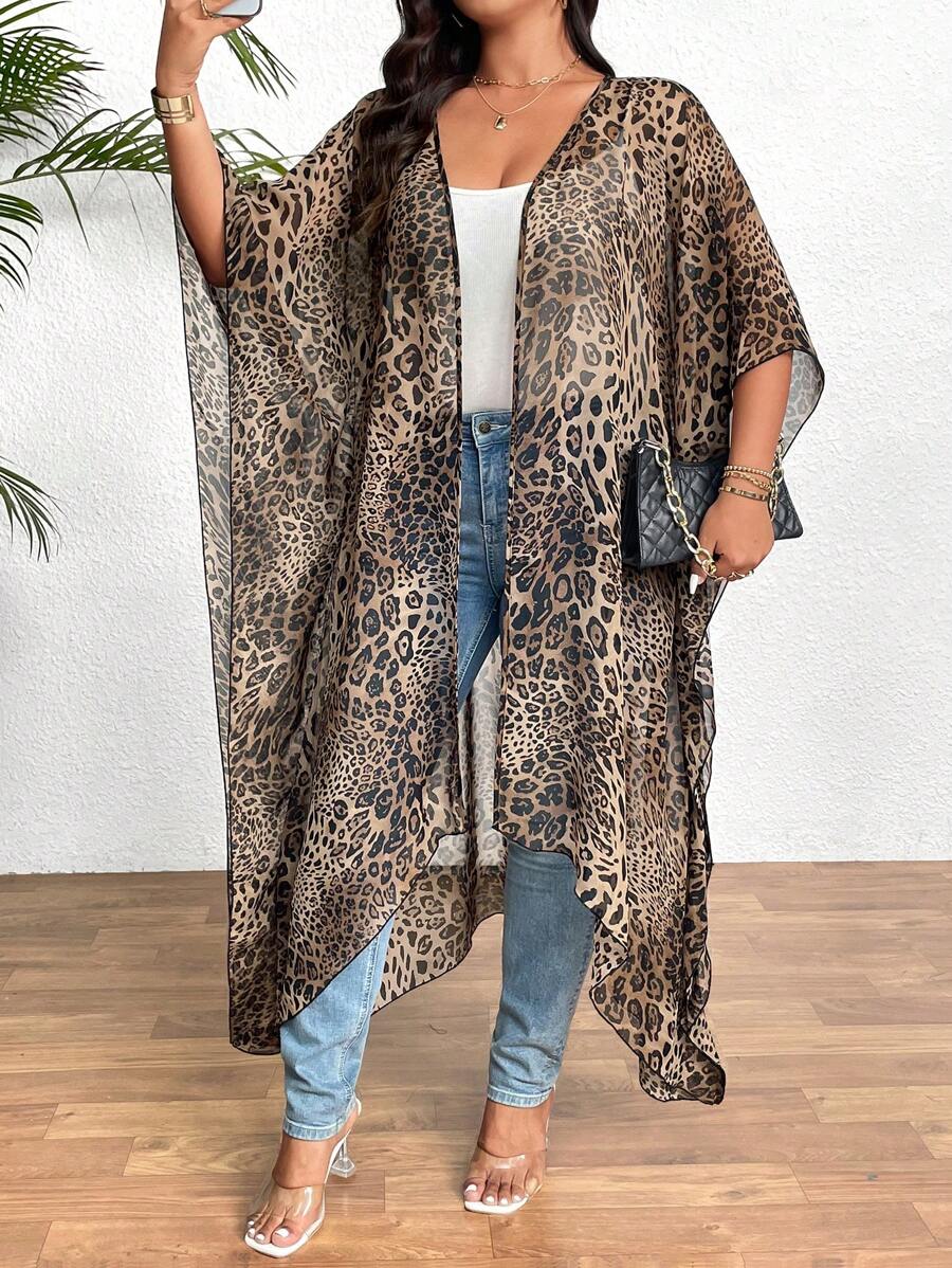 SHEIN Clasi Plus Size Women Chiffon Random Leopard Print Lightweight Long Casual Jacket - Multicolor - View 1
