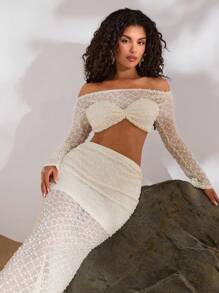 Opulessa 2 pièces/Set Hauts court à manches longues et épaules dénudées avec jupe sirène ourlet pour femme. Tenue de plage pour femme, maillots de bain sexy, robes sexy pour femme, ensemble deux pièces pour femme, tissu texturé, crochet texturé, élégant, vacances