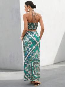 Aveloria Modichic Conjunto de top corto acanalado y falda recta de cintura alta extra larga, diseño distintivo y de moda impreso, ideal para vacaciones