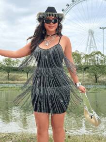 Flirla Vestido con flecos de talla grande, estilo festival de música, bohemio, hippie, vaquera, dinero viejo