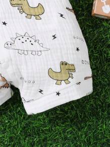 SHEIN 新生婴儿可爱恐龙印花棉质绉布连体衣，男女通用