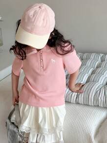 Dazy Kids Young Girl Knit Collar Embroidered Short Sleeve T-Shirt, Spring/Summer - Pink - View 8