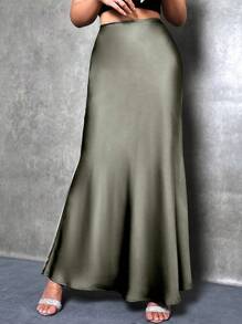 SHEIN PETITE 娇小款女士缎面鱼尾半身裙，优雅日常穿着，豌豆绿