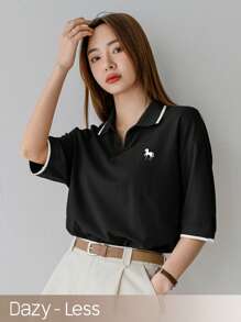 Dazy-Less Women Summer Colorblock Horse Embroidery Pattern Polo Neck T-Shirt Old Money Style Business Casual Woman Work Clothes