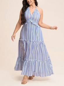 SHEIN LUNE Plus Size Women Boho SummerLight And Breathable Halter Blue Striped Maxi Dress Sundress