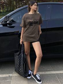 Livesso 女士宽松短袖圆领T恤，带印花图案字母夏季超大T恤街头潮流 - 咖啡棕 - 查看 5