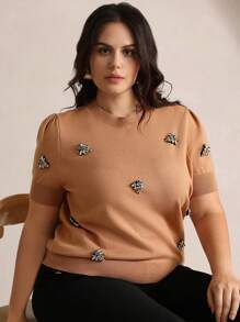Anewsta Plus Size Fashionable & Elegant Bejeweled Bee Decorated Women Sweater Tee Top, Spring/Summer - Khaki - View 3