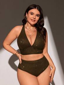 Swim Lushoire Plus Size Summer Beach Sparkling Swimwear Set - Black - View 3