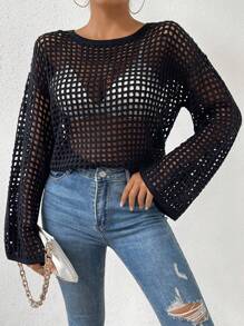 Chiquease 女士网眼长袖纯色毛衣，简约时尚夏季针织套头衫秋冬