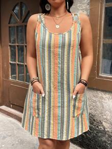 Breezaya 大码女式夏季休闲条纹无袖连衣裙，带口袋 - 彩色 - 查看 4