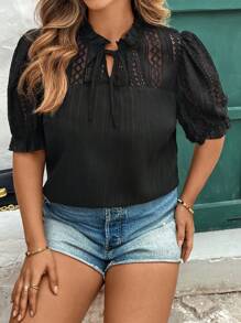 Reflora Plus Size Women Lace Patchwork Short Sleeve Loose Shirt, Summer - Black - View 5
