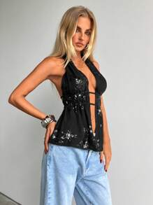 Aloruh Blusa bohemia sexy con cuello de halter, bordada con lentejuelas y espalda descubierta, para uso occidental, conciertos, festivales de música electrónica y verano