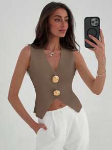 Aloruh Women's Sleeveless Summer Knit Top With Metal Floral Decor And Side Slit Hem - Camel - View 6