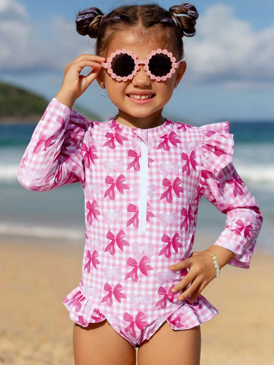 SHEIN Young Girls Sweet Bow Printed Ruffled One-Piece Swimsuit, Pink Striped, Perfect For Summer Beach Vacations - Multicolor - View 1