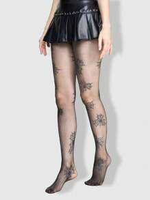 ROMWE Goth 时尚性感蜘蛛网透明连裤袜，万圣节 - 黑色 - 查看 3
