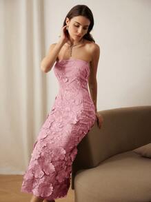 GENKIRA 女士派对约会 3D 花卉刺绣露肩中长连衣裙 - 粉色 - 查看 6