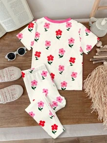 SHEIN Young Girl Floral Print Casual Minimalist Snug Fit Round Neck Short Sleeve Top And Long Pants Sleepwear, Suitable For All Seasons - Multicolor - View 3