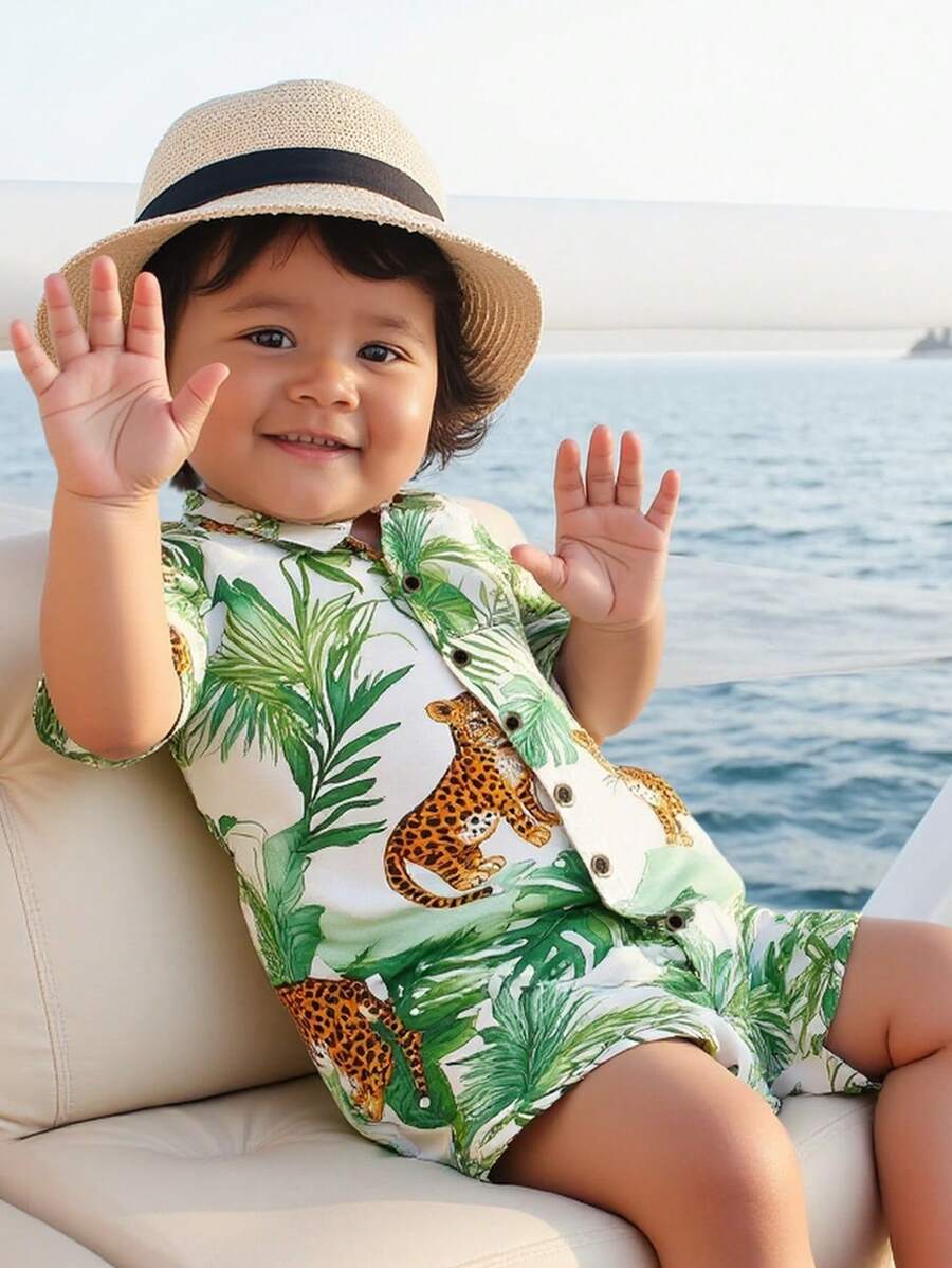 SHEIN 1pc Baby Boy Summer Short Sleeve Tropical Green Plant & Leopard Print Regular Fit Romper, Suitable For Vacation, Outdoor Everyday Wear, Beach Baby Romper, Baby Bodysuit, Infant Baby Clothes,Kid Clothes,Toddler Clothes, Baby Outfit, 6M-3T