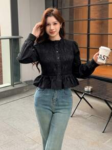 DAZY 女式纯色荷叶边修身长袖衬衫，秋季服装 - 黑色 - 查看 10