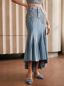 Anewsta Rhinestone Embellished Fashionable Luxurious Denim Skirt For Women - Blue - View 6