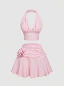 SHEIN MOD Conjunto de 2 piezas con top halter con volantes y falda mini con volantes en el bajo en color rosa. Conjunto de dos piezas para mujer, romántico, primavera, festival, elegante, para fiesta, boda, té, modesto, baile de graduación, espalda descubierta, sexy, coqueto, conjunto de dos piezas rosa