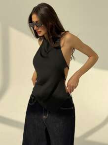Aloruh Parte superior con escote halter sin espalda de unicolor para mujer