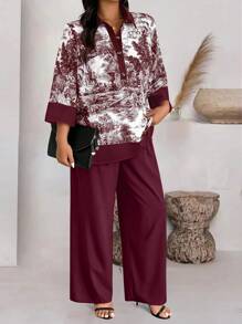 SHEIN LUNE 1 Set bedrucktes Langarmhemd und einfarbige Lange Hose, Große Größen