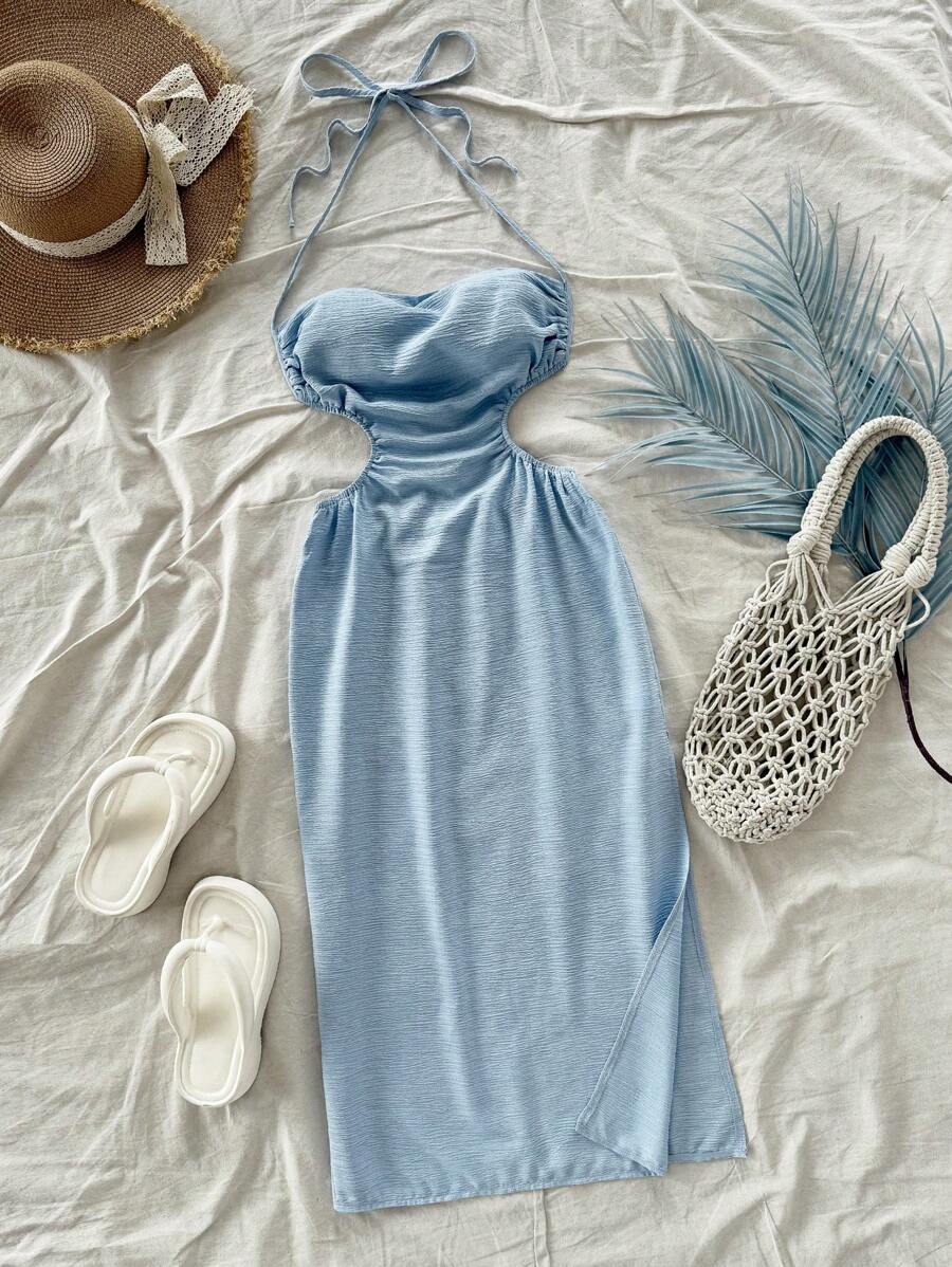 Soleia High Neck Tie Front Cutout Waist High Slit Backless Tie Cami Dress, Blue - Suitable For Vacation, Music Festival, Bohemian, Holiday Dates, Afternoon Tea - Baby Blue - View 1