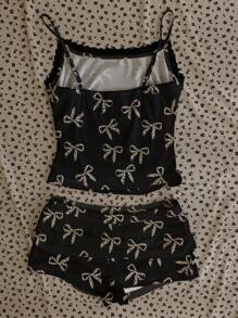 SHEIN EZwear Set 2 Potong Kamisol Renda & Celana Pendek untuk Wanita - Motif Pita Leopard Beige di Latar Belakang Hitam - MultiWarna - View 5