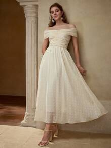 MOTF PREMIUM CHIFFON RUCHED OFF SHOULDER DRESS - Apricot - View 1