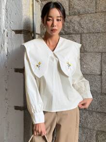DAZY Floral Embroidery Statement Collar Lantern Sleeve Blouse Long Sleeve Top