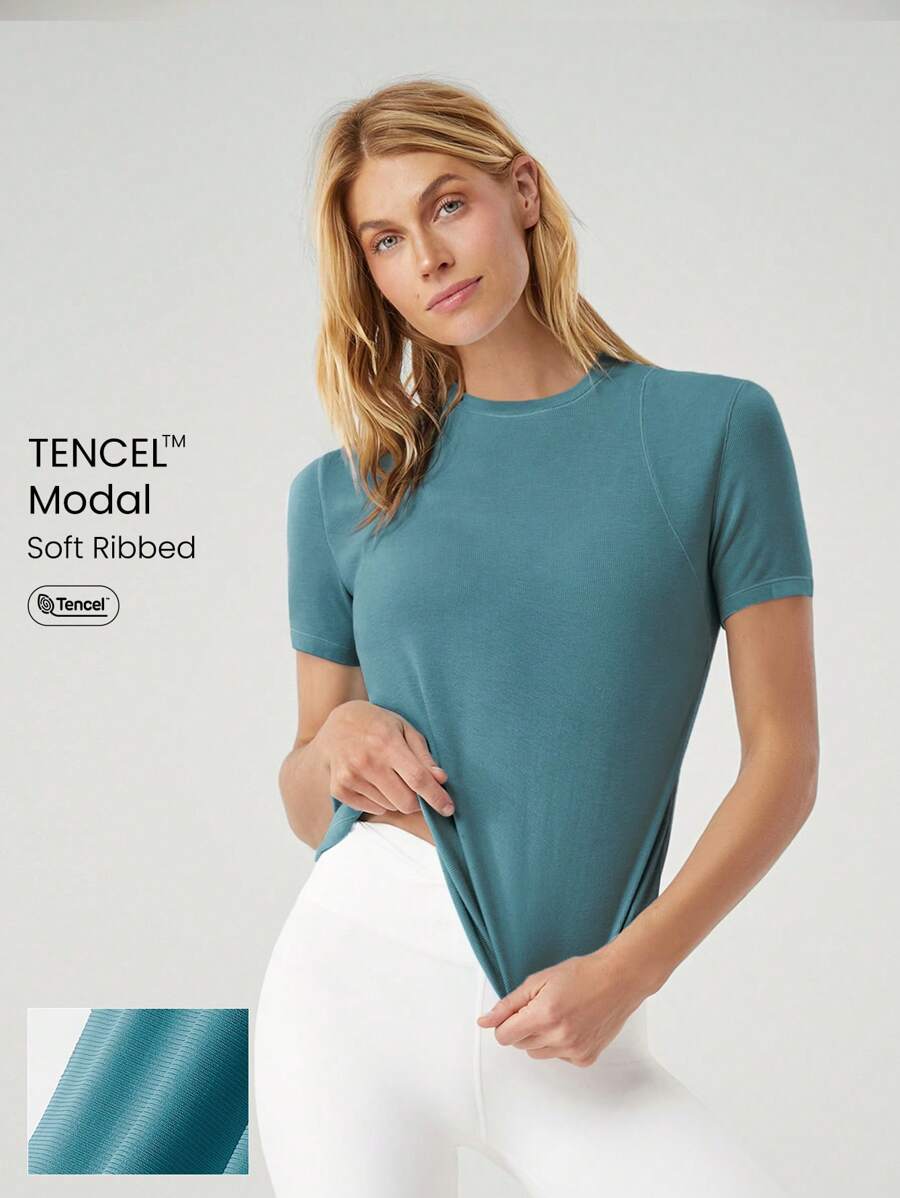 GLOWMODE Modal Soft Ribbed Round Neck Basic Tee Studio Daily Summer - Cadet Blue - View 1