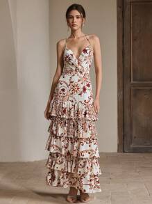 Anewsta Elegant Waterfall Ruffle V-Neck Spaghetti Strap Floral Retro Print Layered Dress, Backless, Suitable For Vacation, Beach, Festival, Summer Outfit For Women