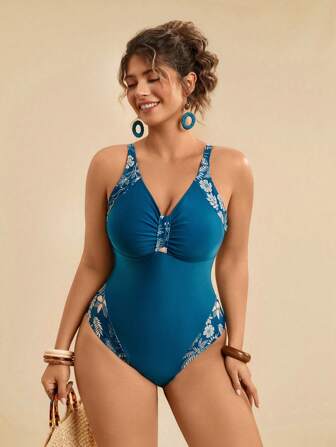 Travachic Plus Size Women's Sexy One-Piece Tropical Floral Print V-Neck Swimsuit, Casual Beach Summer Wear