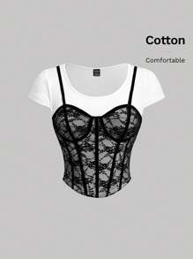 SHEIN MOD 黑白蕾丝女式条纹鱼骨 T 恤、紧身胸衣上衣二合一 T 恤、蕾丝花卉图案女式 T 恤、夏季女式上衣、婚礼 T 恤、夏季 T 恤、老钱风格 T 恤、西部短袖 T 恤、基本款 T 恤、布里奇顿 T 恤