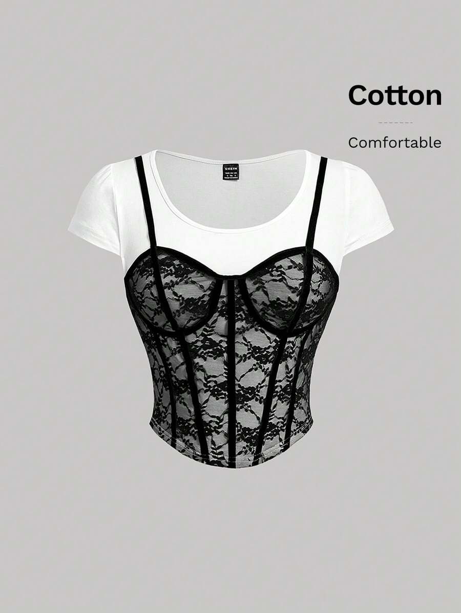 SHEIN MOD 黑白蕾丝女式条纹鱼骨 T 恤、紧身胸衣上衣二合一 T 恤、蕾丝花卉图案女式 T 恤、夏季女式上衣、婚礼 T 恤、夏季 T 恤、老钱风格 T 恤、西部短袖 T 恤、基本款 T 恤、布里奇顿 T 恤