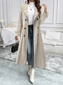 SHEIN Clasi Áo khoác len dài màu trơn có nút cho nữ, phù hợp cho mùa thu/đông - Màu be - Xem 4