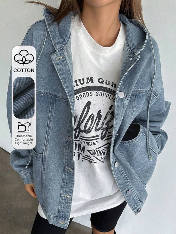 Dazy Star Women's Casual Everyday Double Pocket Front Button Drawstring Hooded Denim Jacket, Autumn