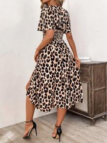 SHEIN Clasi Women's Leopard Print Short Sleeve Ruched Midi Dress, Spring/Summer