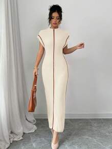 Elenzga 女士无袖高领紧身长款针织毛衣连衣裙，适合假期、秋冬季 - 杏色 - 查看 5