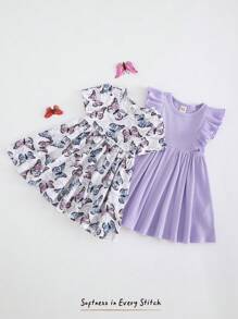 Cozy Pixies Set de 2 vestidos con cintura para bebé niña con estampado floral y unicolor, de cuello redondo y manga corta