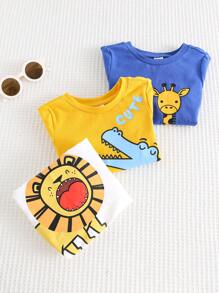 Cozy Pixies Set de 3 camisetas de manga corta cuello redondo suaves de punto con diseño de animales de dibujos animados para bebé niño