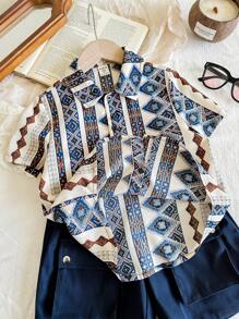 2 件装年轻男童休闲度假风格趣味热带植物复古图案短袖衬衫和工作服口袋宽松短裤两件套，适合春夏季节，适合户外度假、上学、运动和居家穿着 - 彩色 - 查看 6