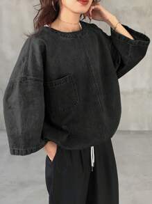 FRIFUL 女式宽松落肩圆领牛仔衬衫，带口袋 - 黑色 - 查看 6